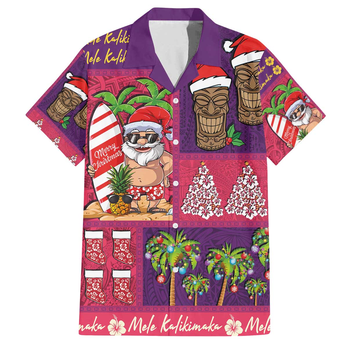 Hawaiian Christmas Family Matching Off The Shoulder Long Sleeve Dress and Hawaiian Shirt - Mele Kalikimaka Island Holiday Vibes - Pink Purple