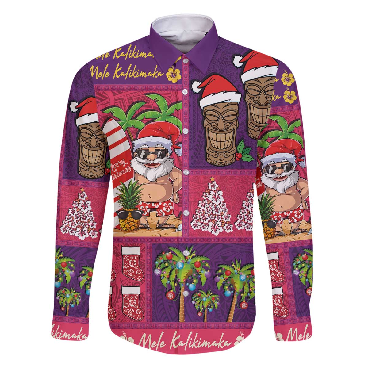 Hawaiian Christmas Family Matching Off The Shoulder Long Sleeve Dress and Hawaiian Shirt - Mele Kalikimaka Island Holiday Vibes - Pink Purple