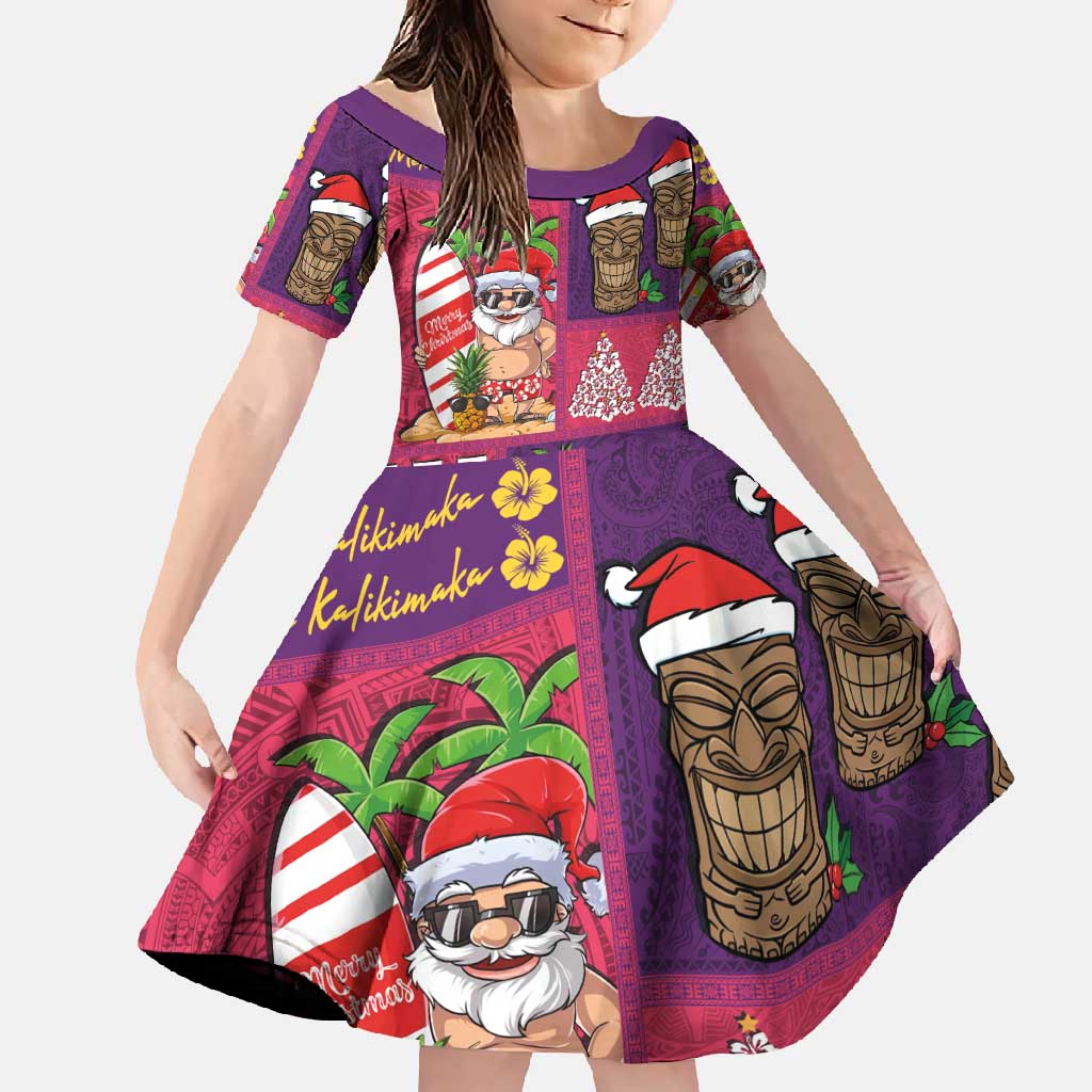 Hawaiian Christmas Family Matching Off Shoulder Maxi Dress and Hawaiian Shirt - Mele Kalikimaka Island Holiday Vibes - Pink Purple