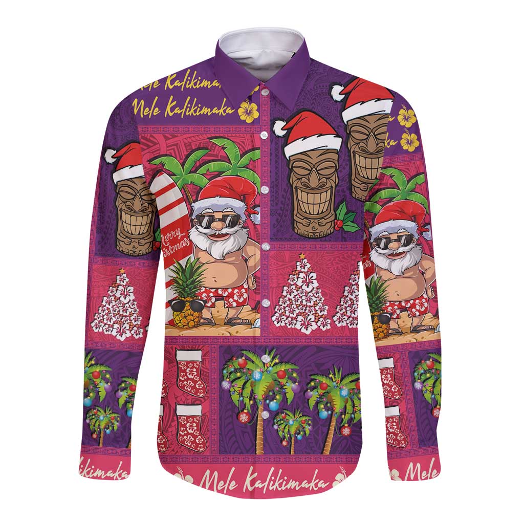Hawaiian Christmas Long Sleeve Button Shirt - Mele Kalikimaka Island Holiday Vibes - Pink Purple LT03 Unisex Pink - Purple - Polynesian Pride