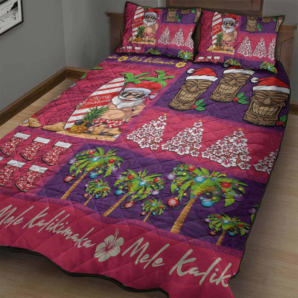 Hawaiian Christmas Quilt Bed Set - Mele Kalikimaka Island Holiday Vibes - Pink Purple