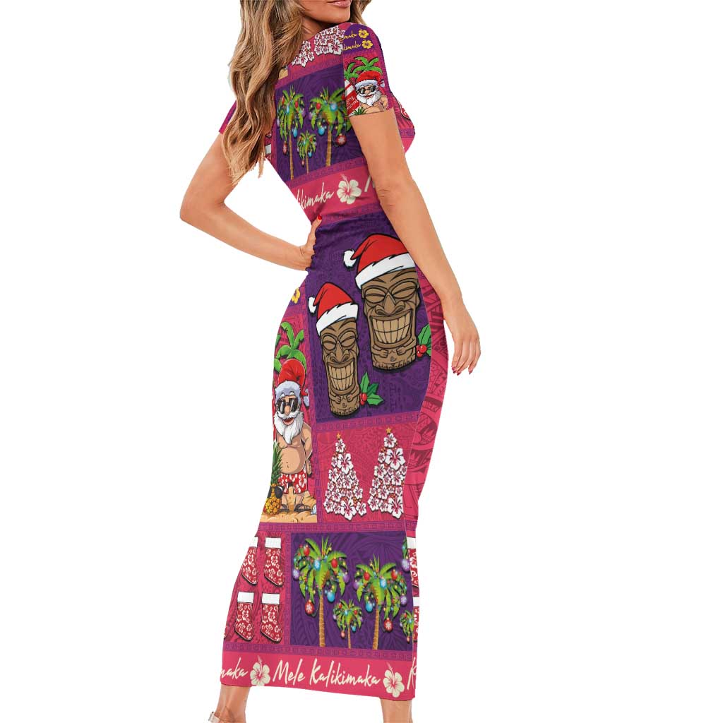 Hawaiian Christmas Short Sleeve Bodycon Dress - Mele Kalikimaka Island Holiday Vibes - Pink Purple