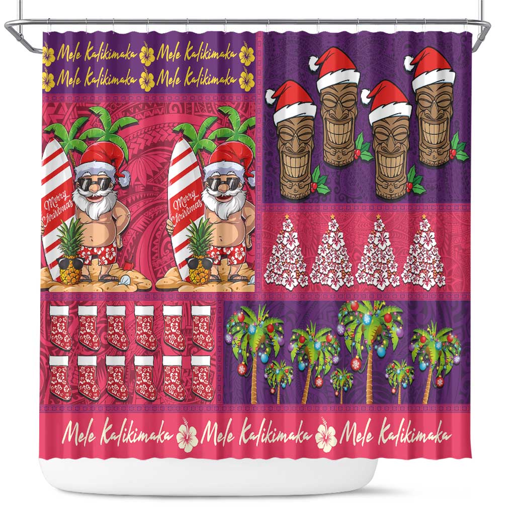 Hawaiian Christmas Shower Curtain - Mele Kalikimaka Island Holiday Vibes - Pink Purple