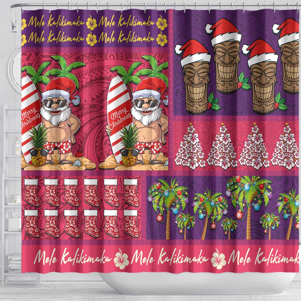 Hawaiian Christmas Shower Curtain - Mele Kalikimaka Island Holiday Vibes - Pink Purple