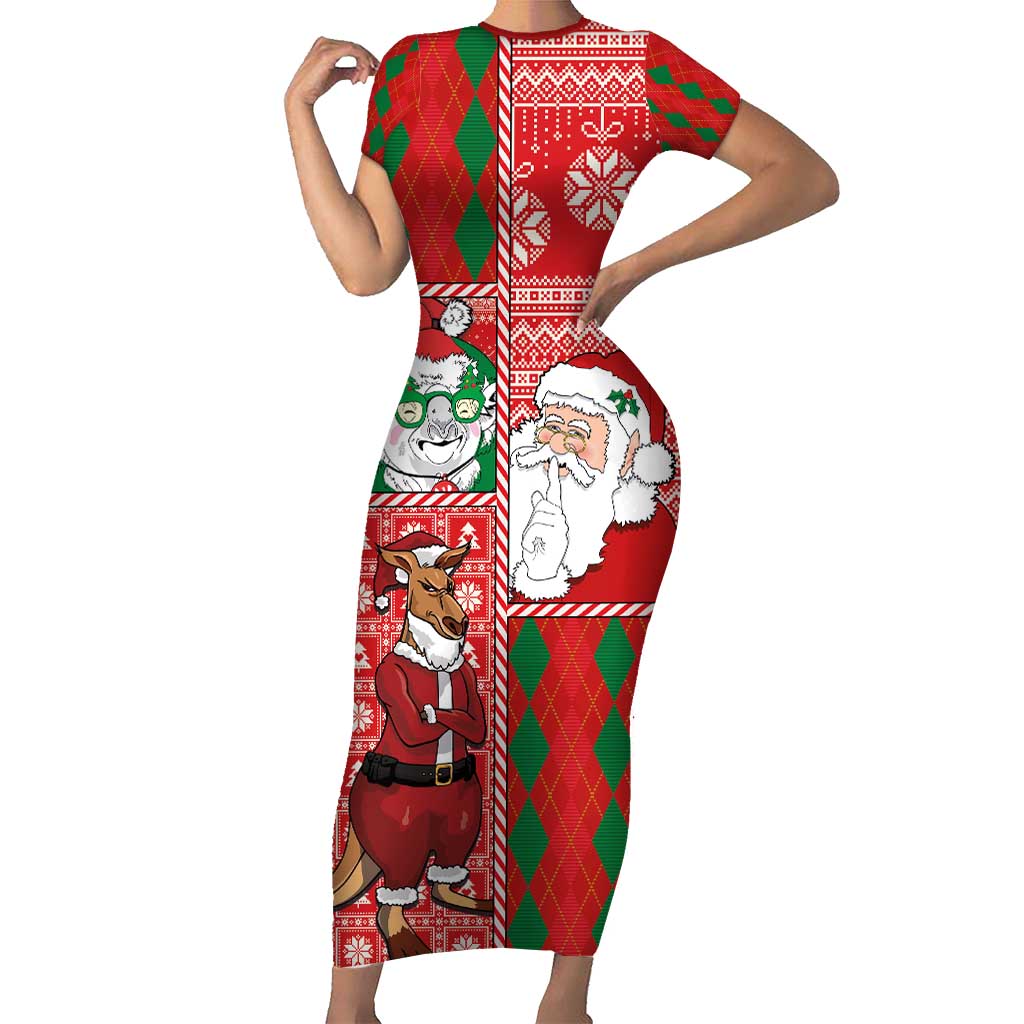 Australian Christmas Family Matching Short Sleeve Bodycon Dress and Hawaiian Shirt - Santa Koala Kangaroo and Holiday Cheer
