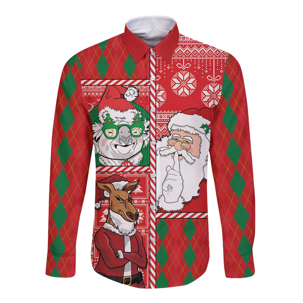 Australian Christmas Long Sleeve Button Shirt - Santa Koala Kangaroo and Holiday Cheer LT03 Unisex Red - Polynesian Pride