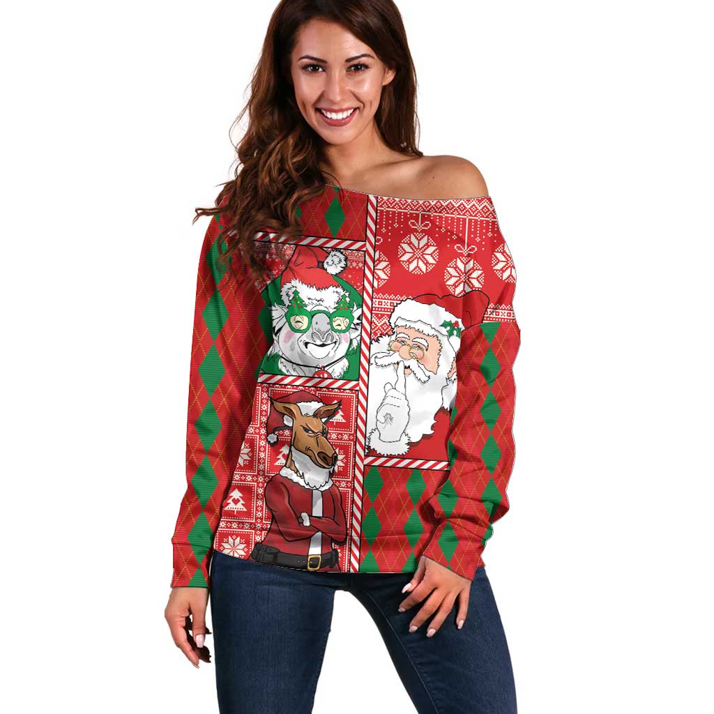 Australian Christmas Off Shoulder Sweater - Santa Koala Kangaroo and Holiday Cheer