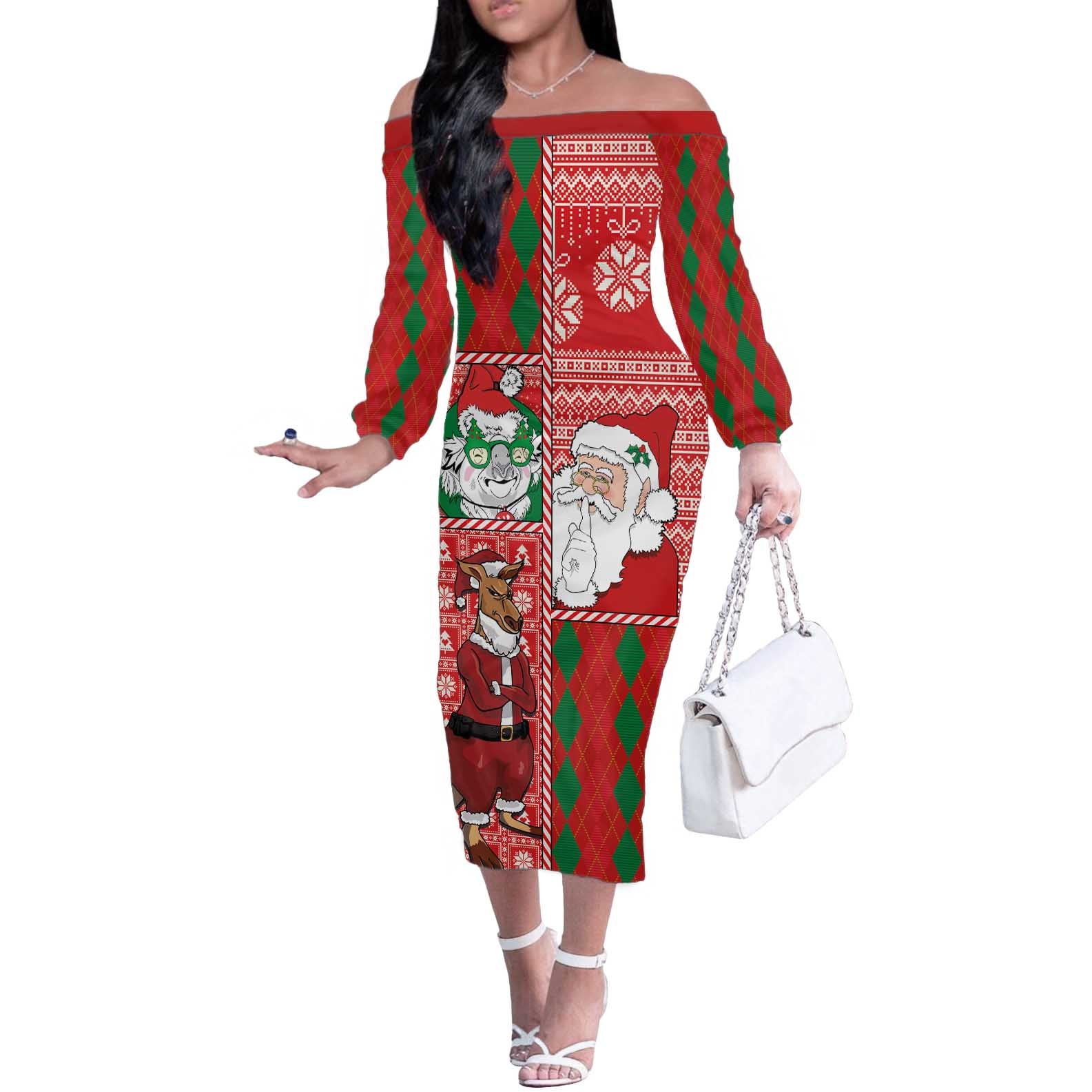 Australian Christmas Off The Shoulder Long Sleeve Dress - Santa Koala Kangaroo and Holiday Cheer