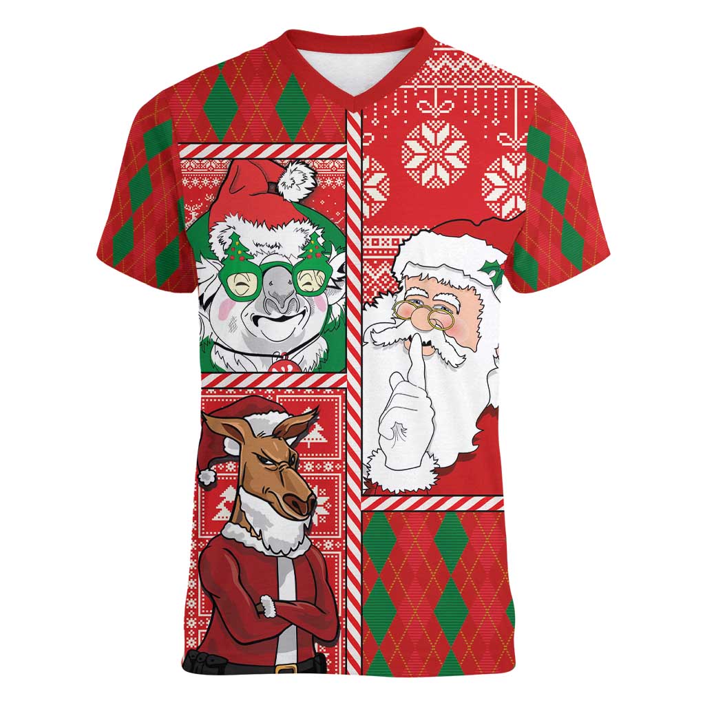 Australian Christmas Women V-Neck T-Shirt - Santa Koala Kangaroo and Holiday Cheer LT03 Female Red - Polynesian Pride