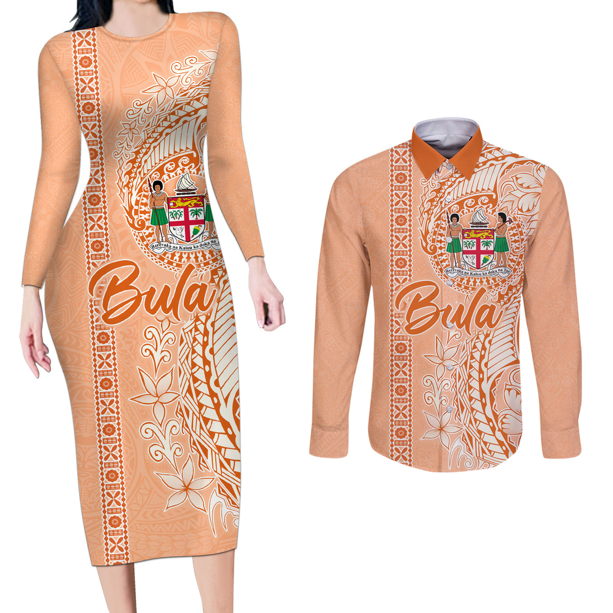 Bula Fiji Couples Matching Long Sleeve Bodycon Dress and Long Sleeve Button Shirt Tropical Flower and Tapa Pattern Peach Fuzz Color LT03 Peach Fuzz - Polynesian Pride