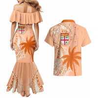 Bula Fiji Couples Matching Mermaid Dress and Hawaiian Shirt Tropical Flower and Tapa Pattern Peach Fuzz Color LT03 - Polynesian Pride