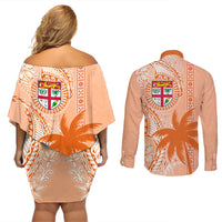 Bula Fiji Couples Matching Off Shoulder Short Dress and Long Sleeve Button Shirt Tropical Flower and Tapa Pattern Peach Fuzz Color LT03 - Polynesian Pride