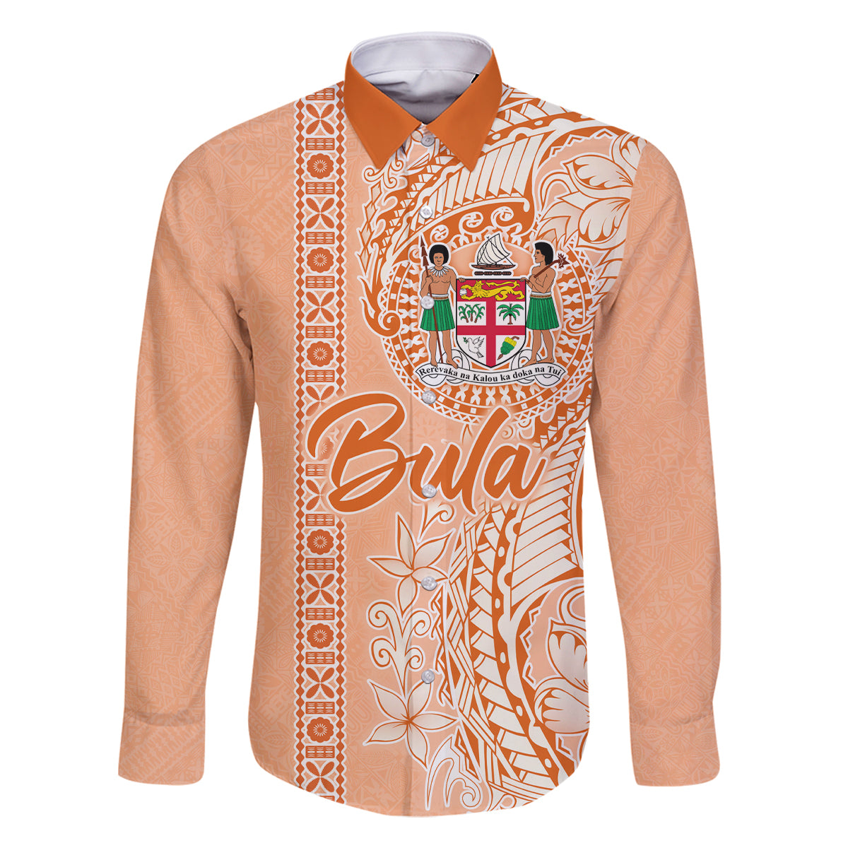 Bula Fiji Family Matching Summer Maxi Dress and Hawaiian Shirt Tropical Flower and Tapa Pattern Peach Fuzz Color LT03 Dad's Shirt - Long Sleeve Peach Fuzz - Polynesian Pride