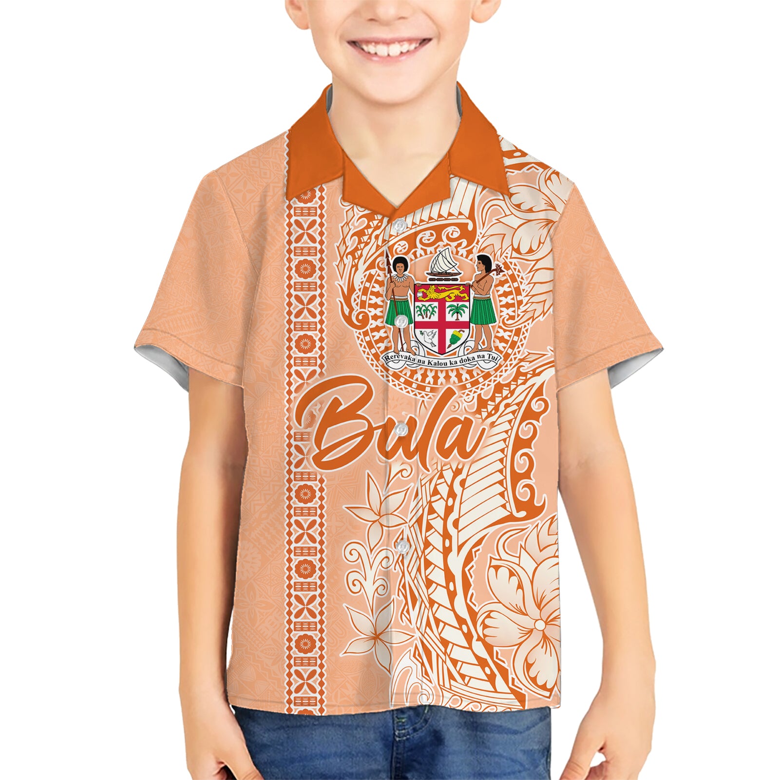 Bula Fiji Kid Hawaiian Shirt Tropical Flower and Tapa Pattern Peach Fuzz Color LT03 Kid Peach Fuzz - Polynesian Pride