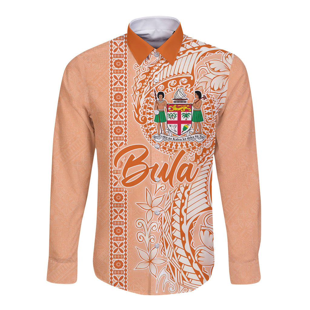 Bula Fiji Long Sleeve Button Shirt Tropical Flower and Tapa Pattern Peach Fuzz Color LT03 Unisex Peach Fuzz - Polynesian Pride