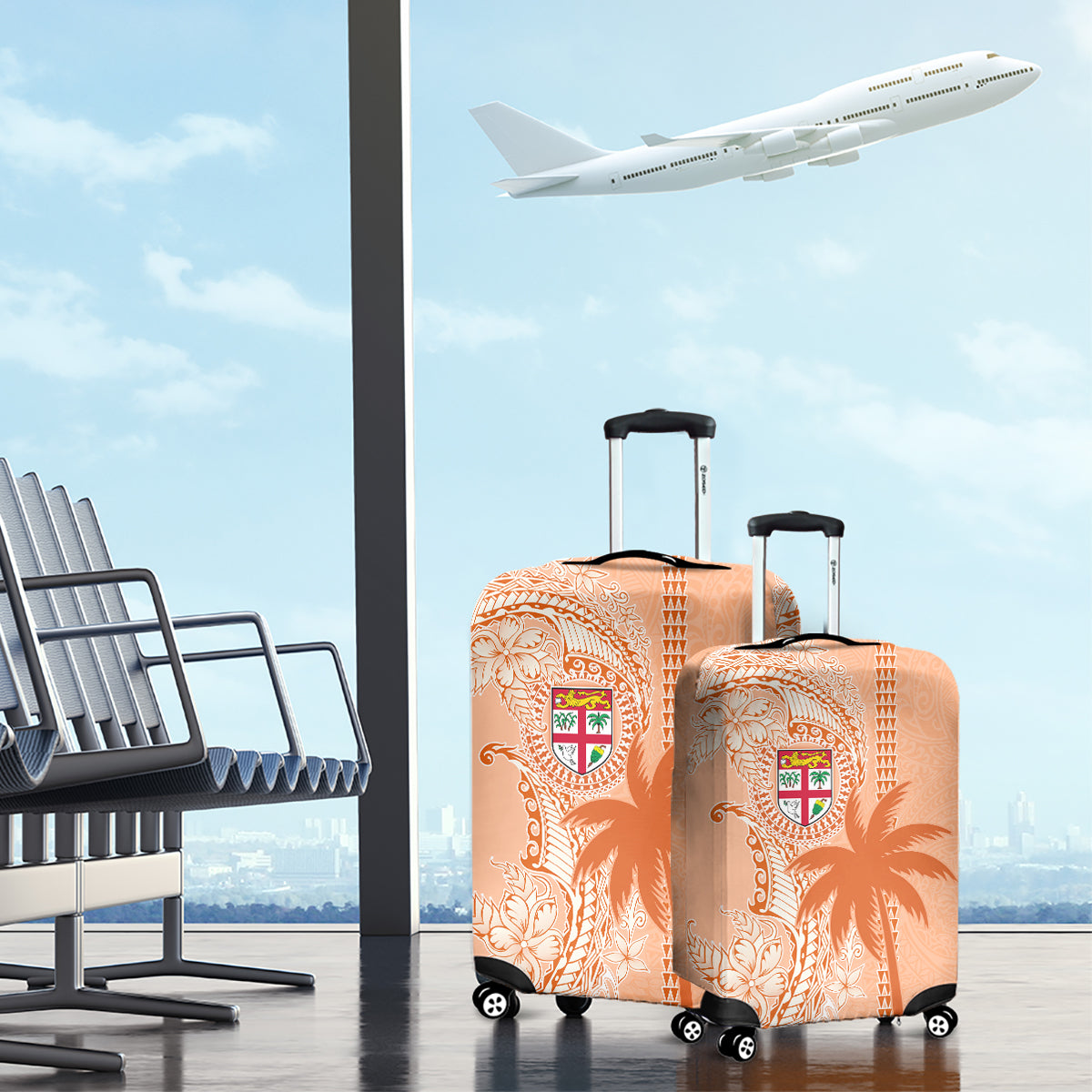 Bula Fiji Luggage Cover Tropical Flower and Tapa Pattern Peach Fuzz Color LT03 - Polynesian Pride