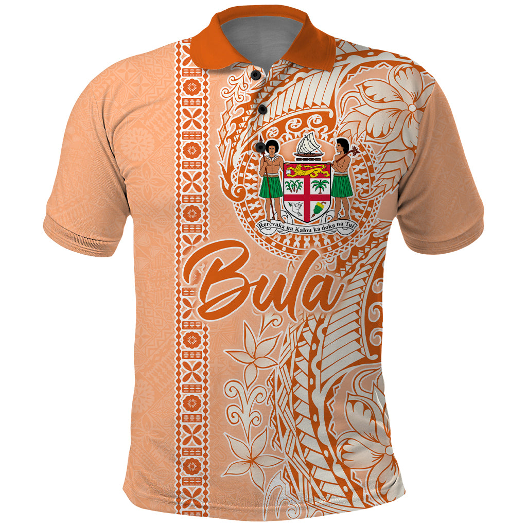 Bula Fiji Polo Shirt Tropical Flower and Tapa Pattern Peach Fuzz Color LT03 Peach Fuzz - Polynesian Pride