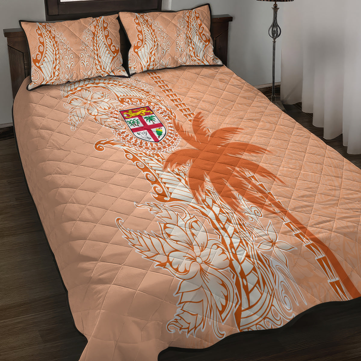 Bula Fiji Quilt Bed Set Tropical Flower and Tapa Pattern Peach Fuzz Color LT03 - Polynesian Pride