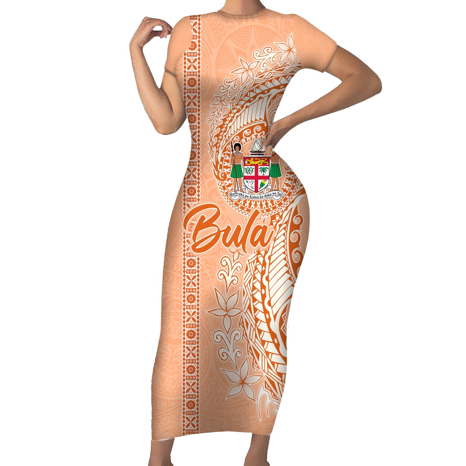 Bula Fiji Short Sleeve Bodycon Dress Tropical Flower and Tapa Pattern Peach Fuzz Color LT03 Long Dress Peach Fuzz - Polynesian Pride