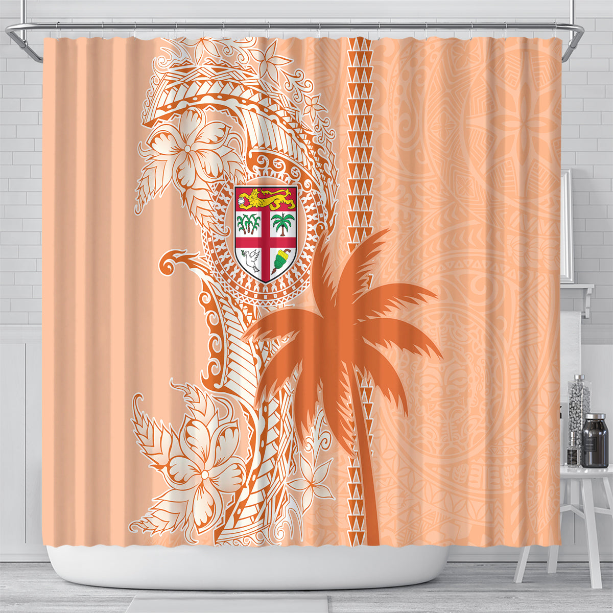 Bula Fiji Shower Curtain Tropical Flower and Tapa Pattern Peach Fuzz Color LT03 - Polynesian Pride
