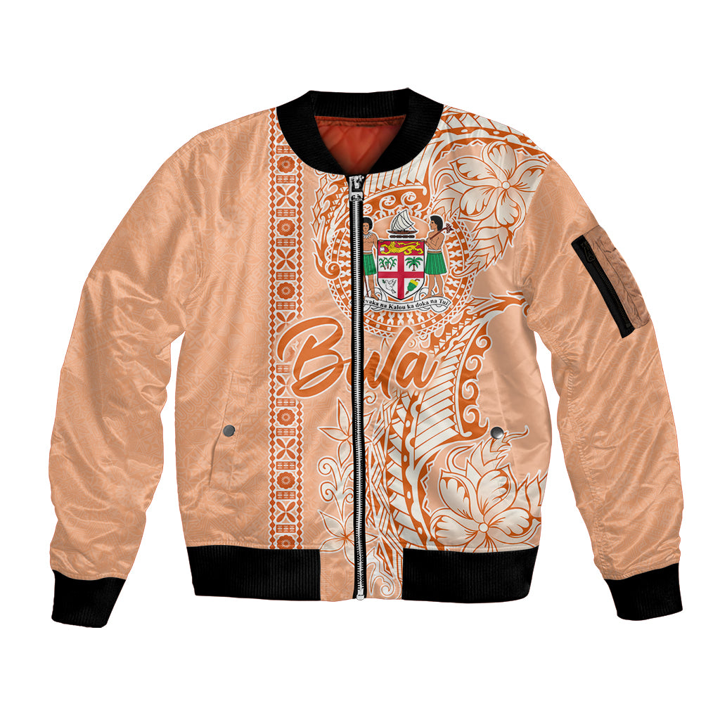 Bula Fiji Sleeve Zip Bomber Jacket Tropical Flower and Tapa Pattern Peach Fuzz Color LT03 Unisex Peach Fuzz - Polynesian Pride