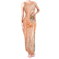 Bula Fiji Tank Maxi Dress Tropical Flower and Tapa Pattern Peach Fuzz Color LT03 Women Peach Fuzz - Polynesian Pride