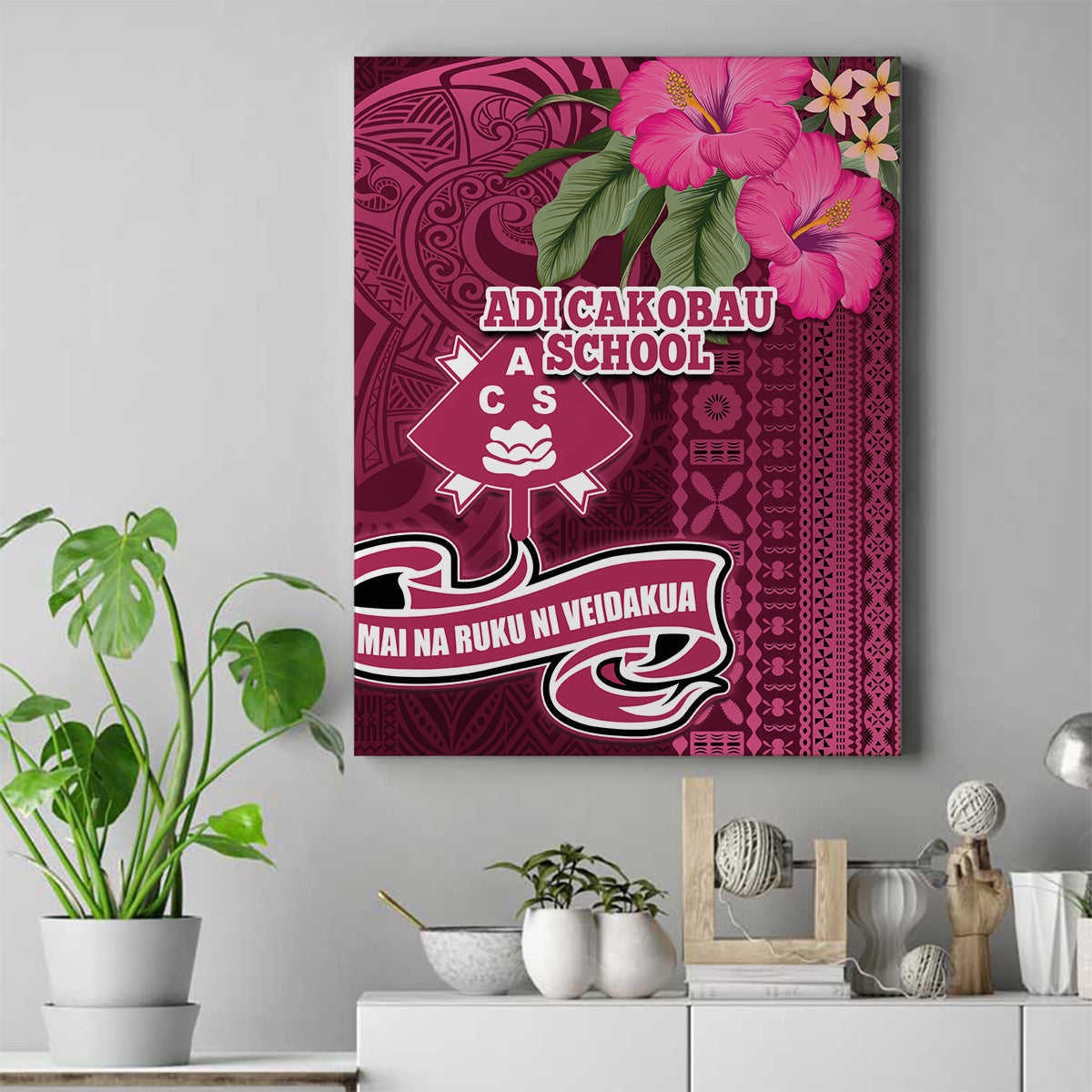 Fiji Adi Cakobau School Canvas Wall Art Tropical Flower and Tapa Pattern LT03 Pink - Polynesian Pride