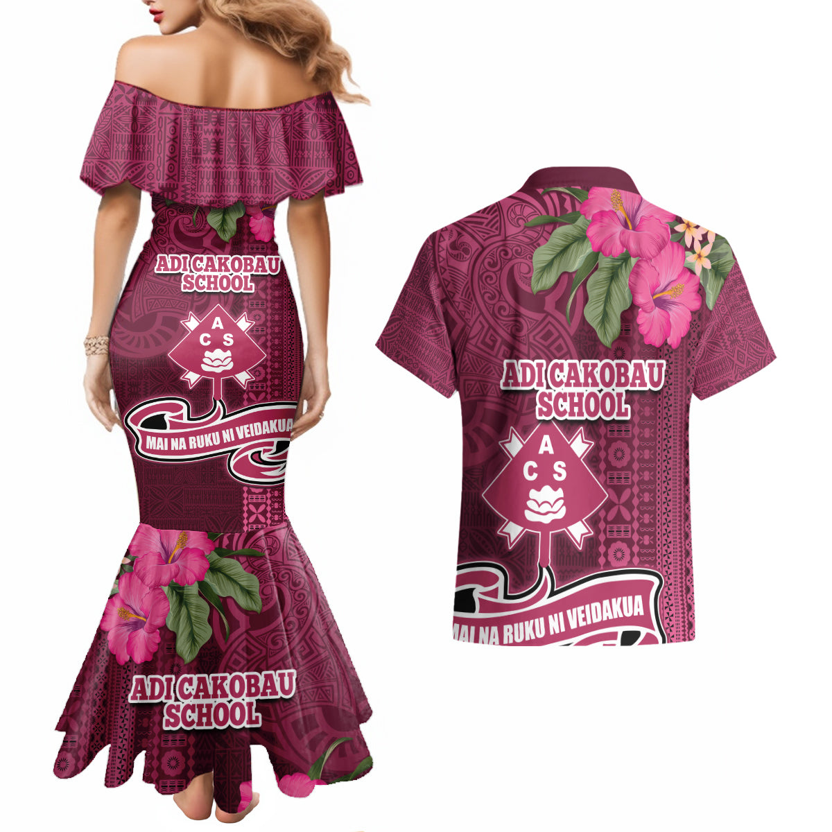 Fiji Adi Cakobau School Couples Matching Mermaid Dress and Hawaiian Shirt Tropical Flower and Tapa Pattern LT03 - Polynesian Pride