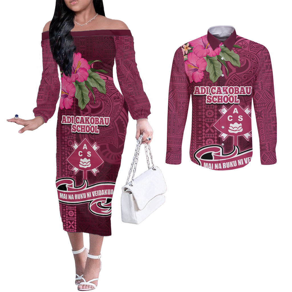 Fiji Adi Cakobau School Couples Matching Off The Shoulder Long Sleeve Dress and Long Sleeve Button Shirt Tropical Flower and Tapa Pattern LT03 Pink - Polynesian Pride