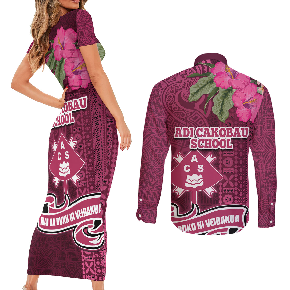 Fiji Adi Cakobau School Couples Matching Short Sleeve Bodycon Dress and Long Sleeve Button Shirt Tropical Flower and Tapa Pattern LT03 - Polynesian Pride