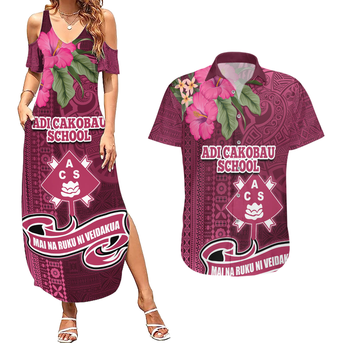 Fiji Adi Cakobau School Couples Matching Summer Maxi Dress and Hawaiian Shirt Tropical Flower and Tapa Pattern LT03 Pink - Polynesian Pride