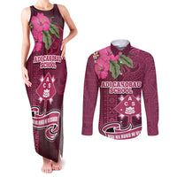 Fiji Adi Cakobau School Couples Matching Tank Maxi Dress and Long Sleeve Button Shirt Tropical Flower and Tapa Pattern LT03 Pink - Polynesian Pride