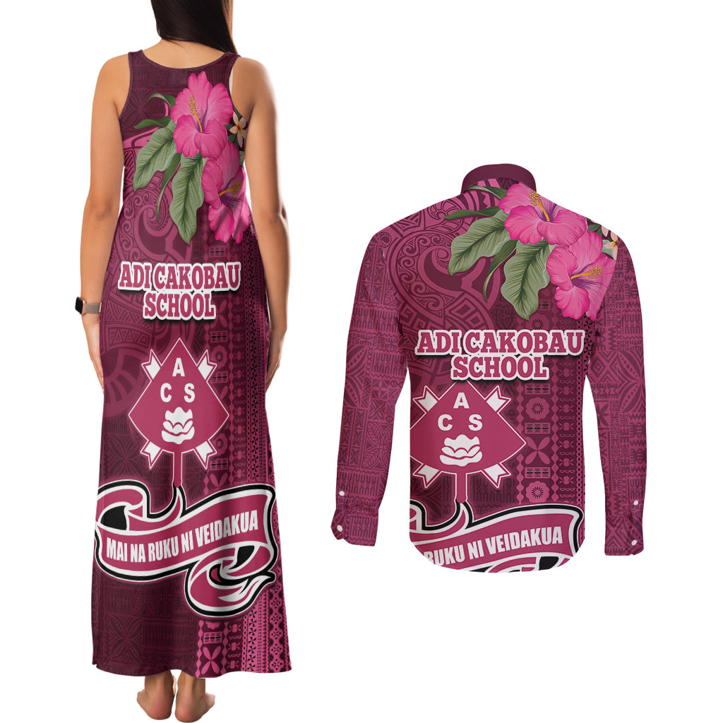 Fiji Adi Cakobau School Couples Matching Tank Maxi Dress and Long Sleeve Button Shirt Tropical Flower and Tapa Pattern LT03 - Polynesian Pride