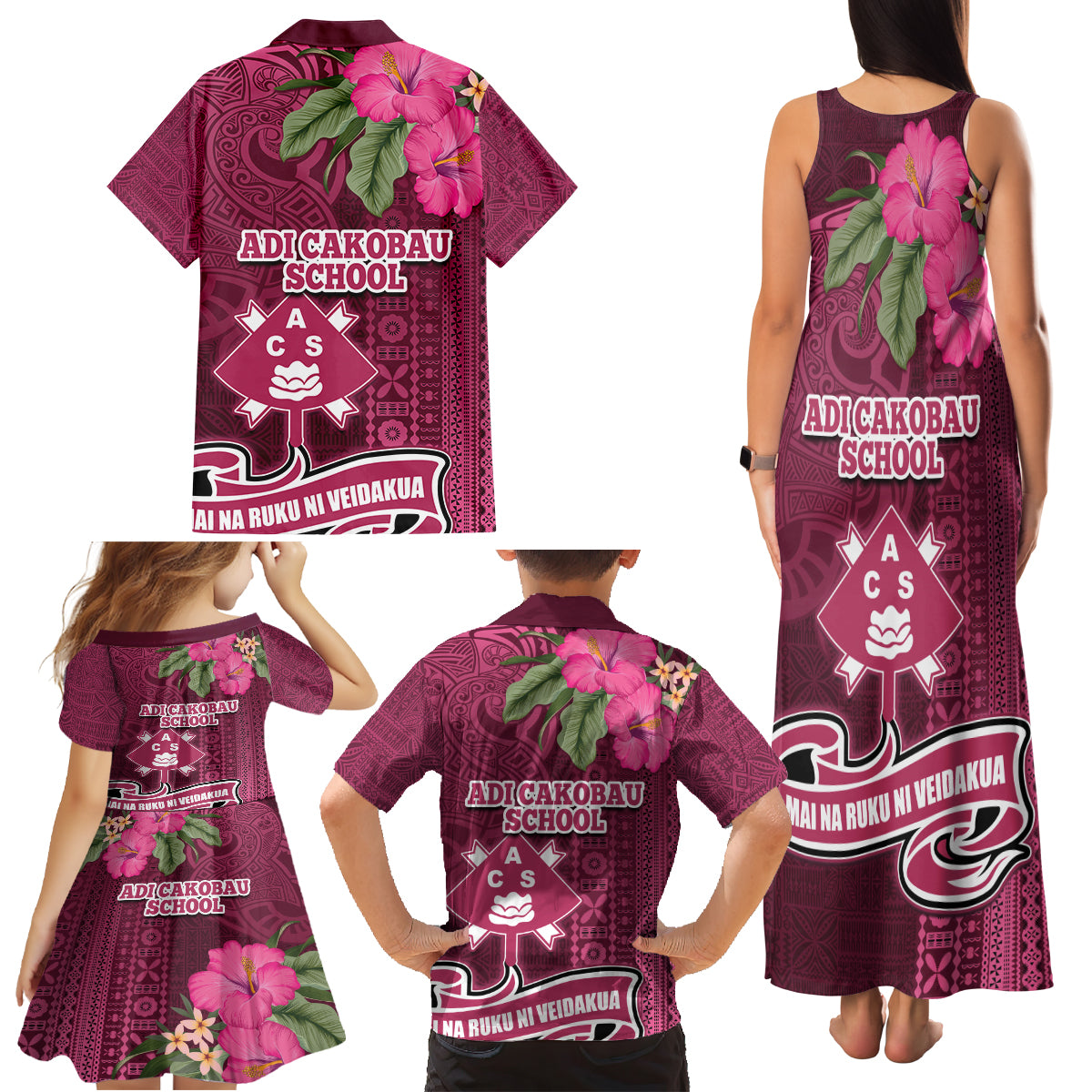 Fiji Adi Cakobau School Family Matching Tank Maxi Dress and Hawaiian Shirt Tropical Flower and Tapa Pattern LT03 - Polynesian Pride