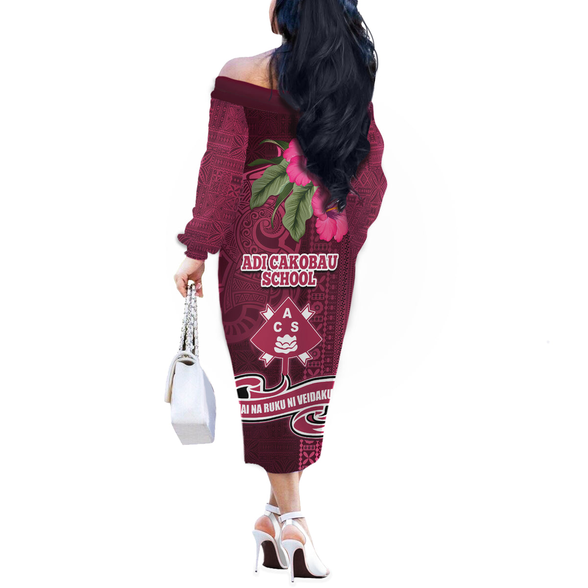 Fiji Adi Cakobau School Off The Shoulder Long Sleeve Dress Tropical Flower and Tapa Pattern LT03 - Polynesian Pride