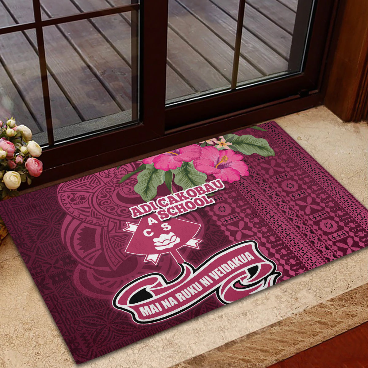 Fiji Adi Cakobau School Rubber Doormat Tropical Flower and Tapa Pattern LT03 - Polynesian Pride