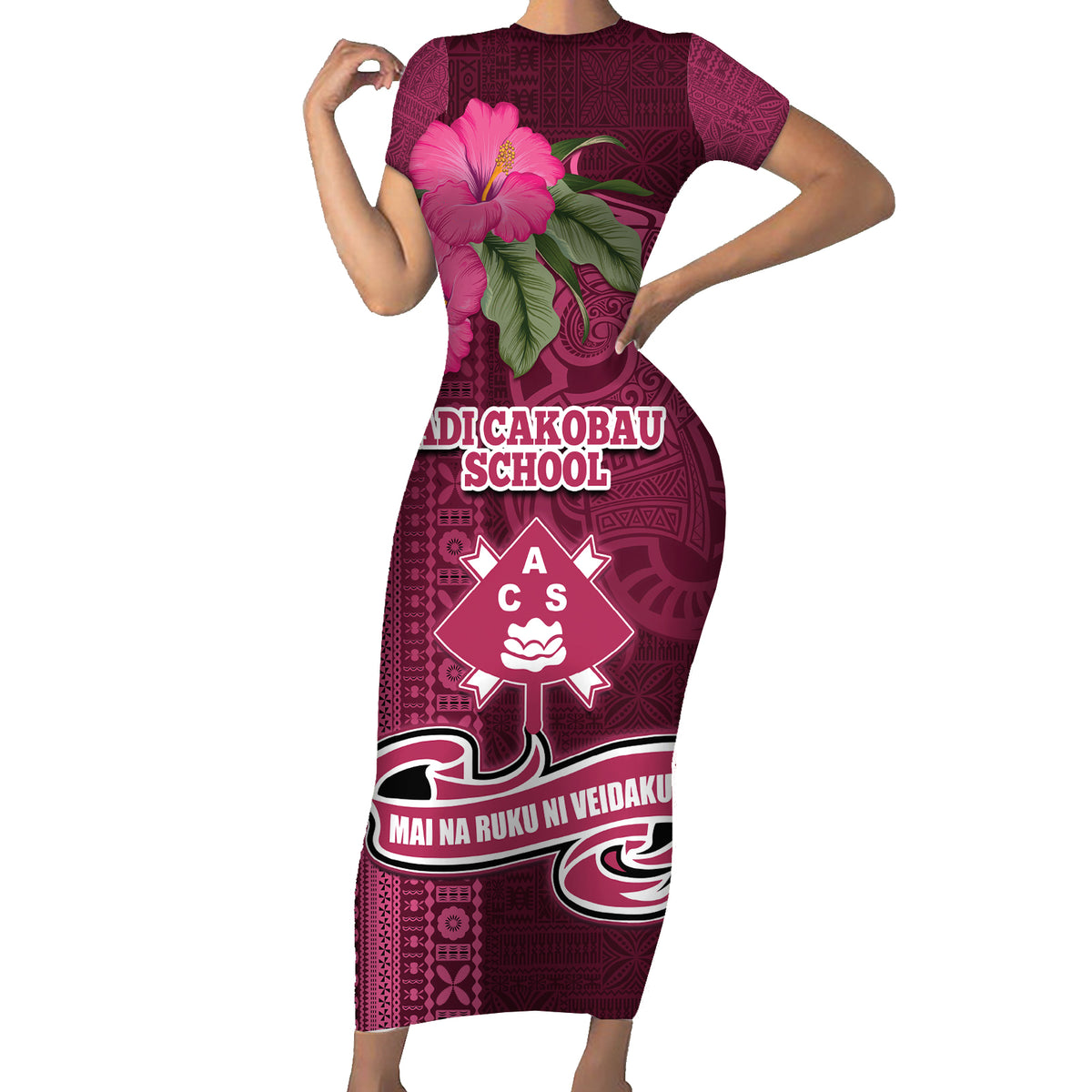 Fiji Adi Cakobau School Short Sleeve Bodycon Dress Tropical Flower and Tapa Pattern LT03 Long Dress Pink - Polynesian Pride