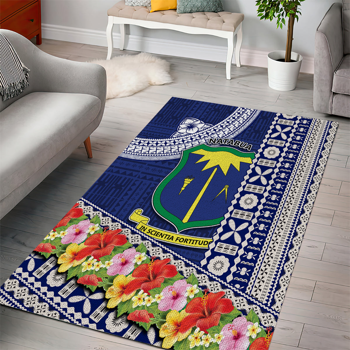 Fiji Natabua High School Area Rug Tropical Flower and Tapa Pattern Blue Style LT03 - Polynesian Pride