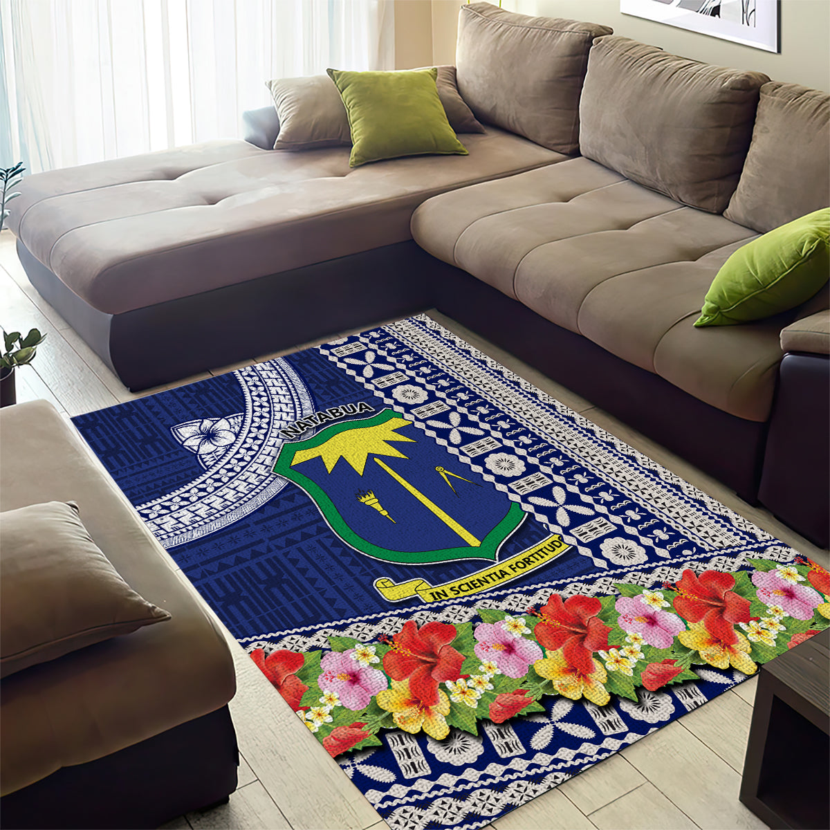 Fiji Natabua High School Area Rug Tropical Flower and Tapa Pattern Blue Style LT03 - Polynesian Pride