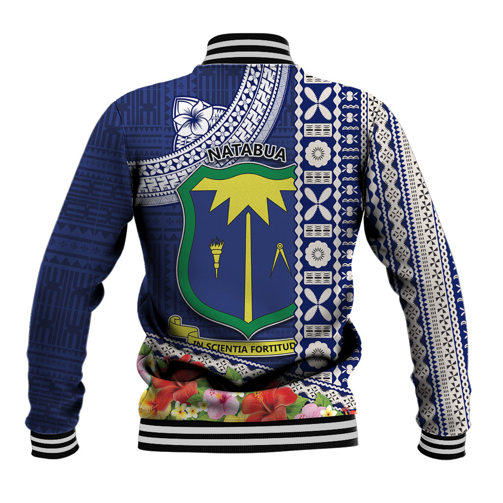 Fiji Natabua High School Baseball Jacket Tropical Flower and Tapa Pattern Blue Style LT03 - Polynesian Pride