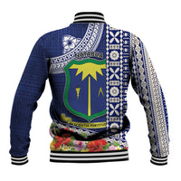 Fiji Natabua High School Baseball Jacket Tropical Flower and Tapa Pattern Blue Style LT03 - Polynesian Pride