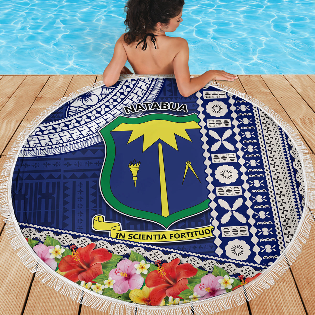 Fiji Natabua High School Beach Blanket Tropical Flower and Tapa Pattern Blue Style LT03 - Polynesian Pride