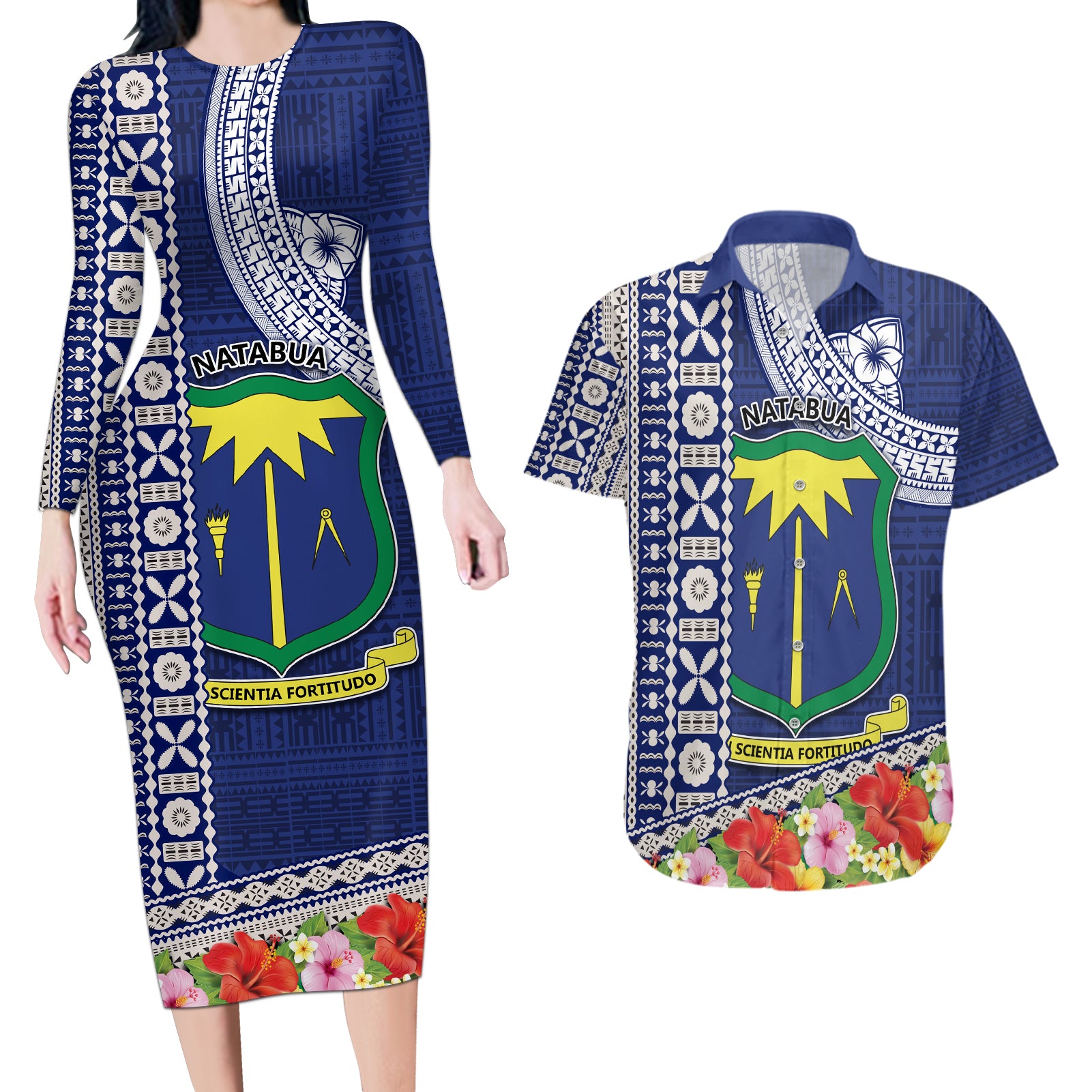 Fiji Natabua High School Couples Matching Long Sleeve Bodycon Dress and Hawaiian Shirt Tropical Flower and Tapa Pattern Blue Style LT03 Blue - Polynesian Pride