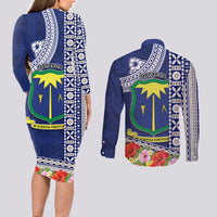 Fiji Natabua High School Couples Matching Long Sleeve Bodycon Dress and Long Sleeve Button Shirt Tropical Flower and Tapa Pattern Blue Style LT03 - Polynesian Pride