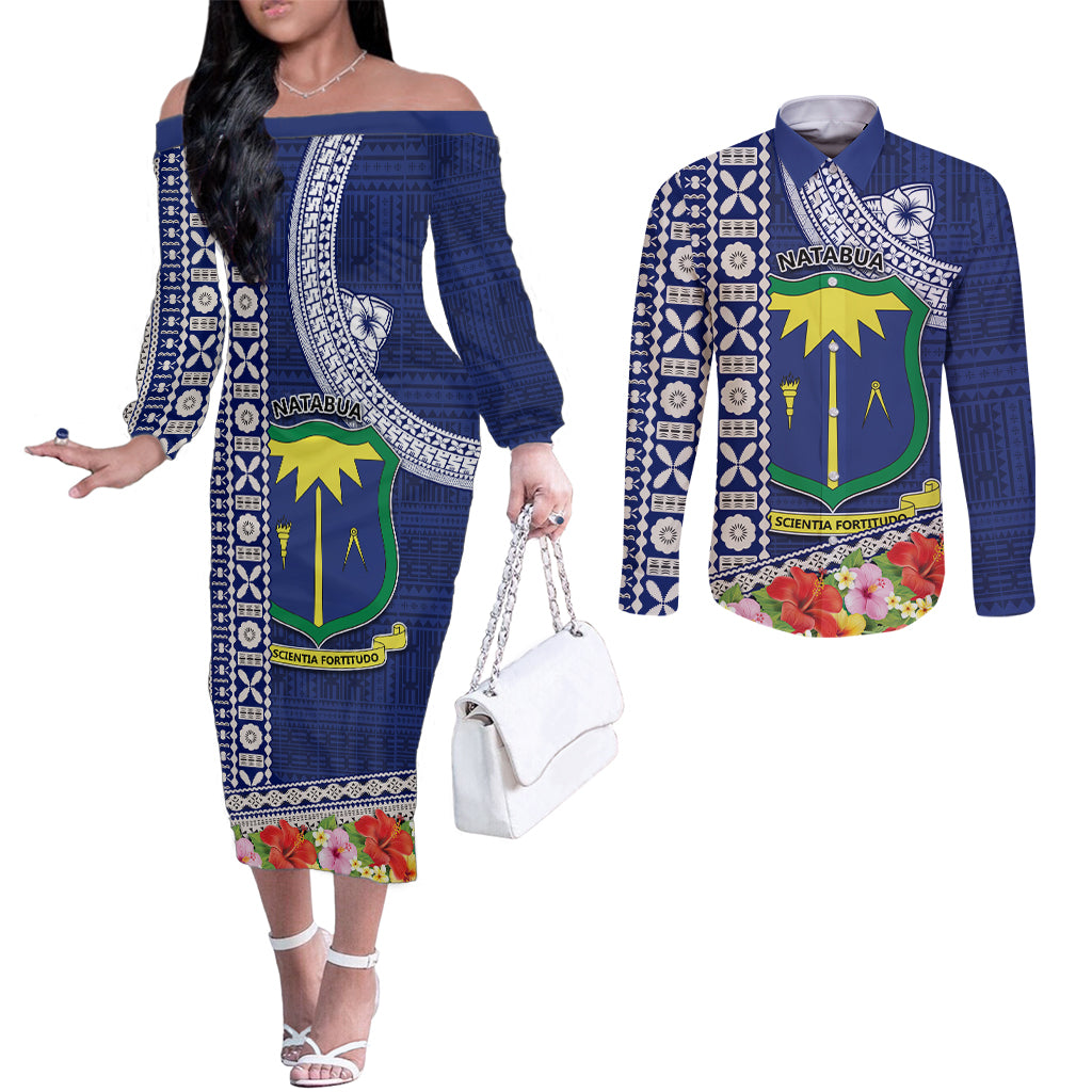 Fiji Natabua High School Couples Matching Off The Shoulder Long Sleeve Dress and Long Sleeve Button Shirt Tropical Flower and Tapa Pattern Blue Style LT03 Blue - Polynesian Pride