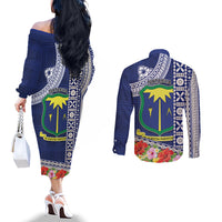 Fiji Natabua High School Couples Matching Off The Shoulder Long Sleeve Dress and Long Sleeve Button Shirt Tropical Flower and Tapa Pattern Blue Style LT03 - Polynesian Pride