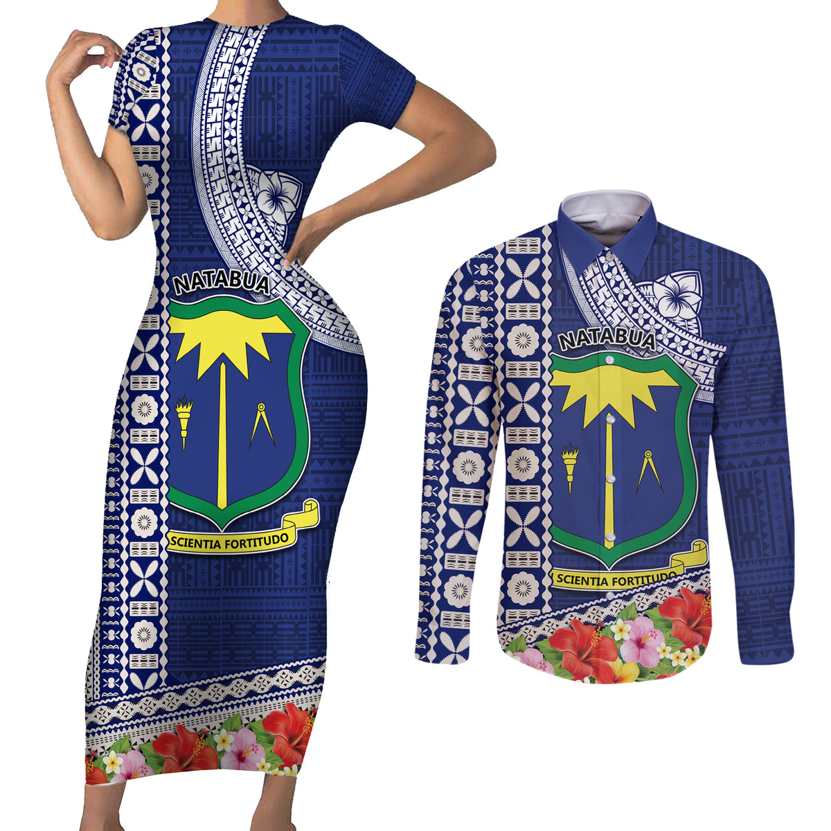 Fiji Natabua High School Couples Matching Short Sleeve Bodycon Dress and Long Sleeve Button Shirt Tropical Flower and Tapa Pattern Blue Style LT03 Blue - Polynesian Pride