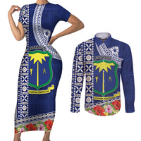 Fiji Natabua High School Couples Matching Short Sleeve Bodycon Dress and Long Sleeve Button Shirt Tropical Flower and Tapa Pattern Blue Style LT03 Blue - Polynesian Pride