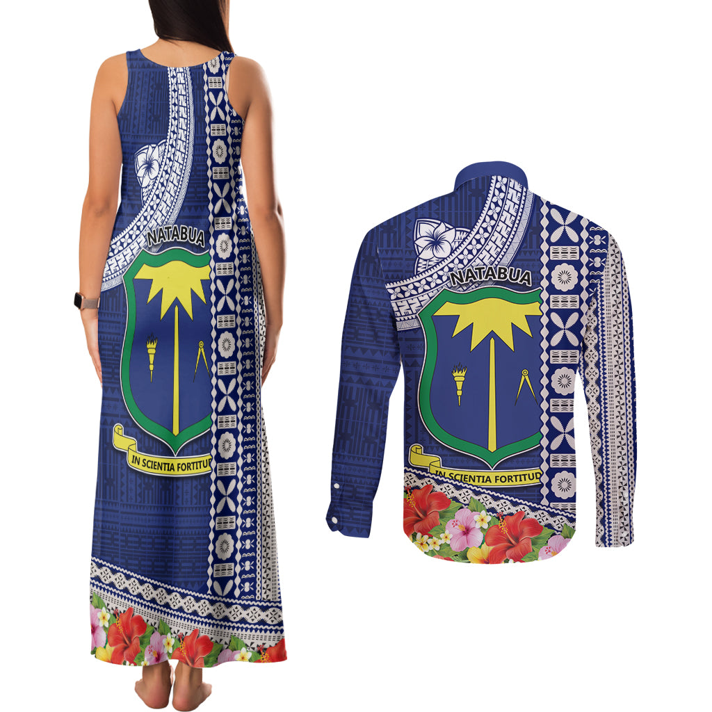 Fiji Natabua High School Couples Matching Tank Maxi Dress and Long Sleeve Button Shirt Tropical Flower and Tapa Pattern Blue Style LT03 - Polynesian Pride
