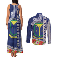 Fiji Natabua High School Couples Matching Tank Maxi Dress and Long Sleeve Button Shirt Tropical Flower and Tapa Pattern Blue Style LT03 - Polynesian Pride